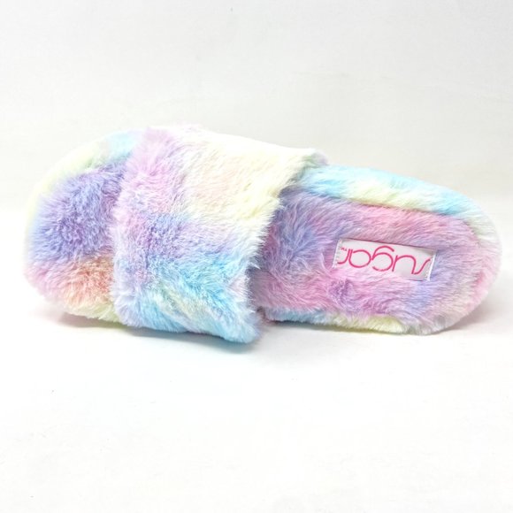 Sugar Wryde Tie Dye Platform Womens Fluffy Slip On Fur Warm Slipper Sandals - Picture 4 of 5